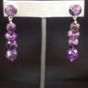 925 Sterling Silver Amethyst Graduated Bezel Set & Bead Dangle Post Vtg Earrings